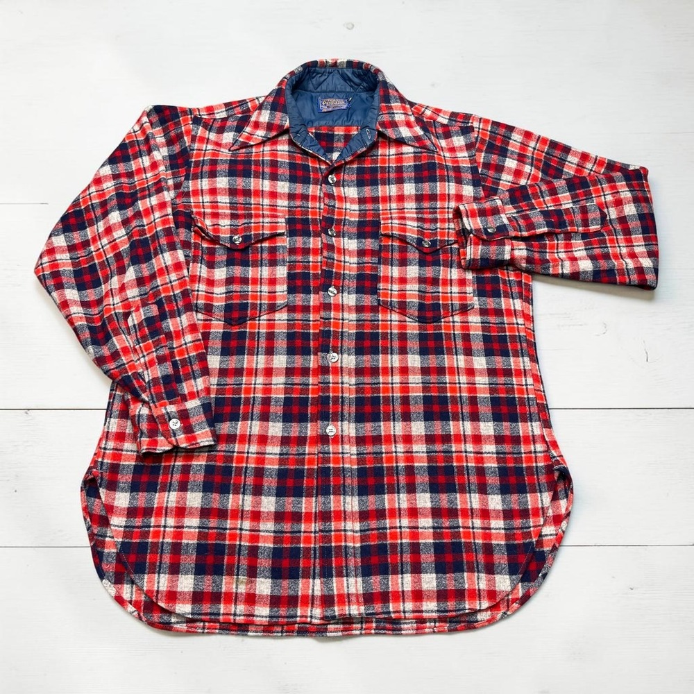 Vintage 80s Pendleton Wool Flannel Shirt Red Blue Plaid Mens 15.5 (M) USA Made